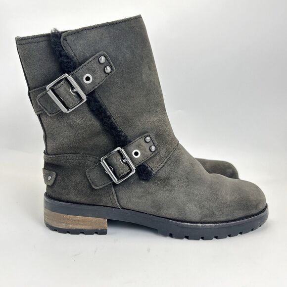 UGG Shoes - UGG Niels II Boots Womens 7 Black Suede Sheepskin Mid-Calf Zipper Biker 1095130